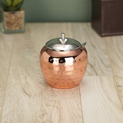 Sumeet Stainless Steel Copper Coated Handcrafted Hammered Ghee and Oil Pot, Storage Container with Spoon for Kitchen and Pooja, 7.5cm Dia, 220ML - Silver (Pack of 1)