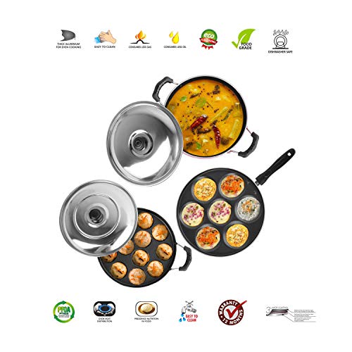 Sumeet 2.6mm Thick Non-Stick Red Joy Combo Set (Multi Snack Maker – 26.5cm Dia + Kadhai with Lid – 1.5Ltr Capacity- 20cm Dia + Grill Appam Patra with Lid – 23cm Dia)