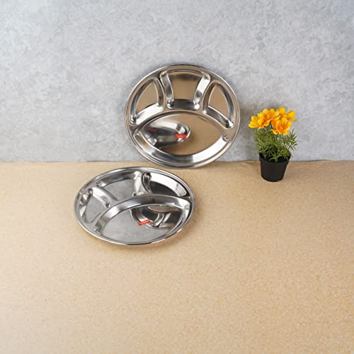 Sumeet Stainless Steel Round 4 in 1 Compartment Lunch / Dinner Plate Set of 2Pcs, 30.3cm Dia, Silver