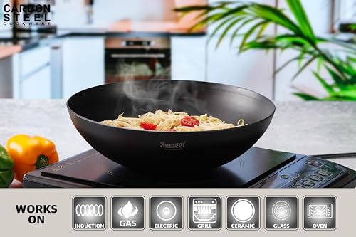 Sumeet Super Smooth Pre Seasoned Carbon Steel (Iron) Deep Tasra for Cooking and Deep Frying|Naturally Nonstick |25cm | 2450ml, Gas & Induction-Friendly, Black
