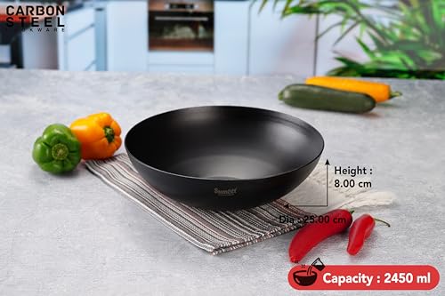 Sumeet Super Smooth Pre Seasoned Carbon Steel (Iron) Deep Tasra for Cooking and Deep Frying|Naturally Nonstick |25cm | 2450ml, Gas & Induction-Friendly, Black