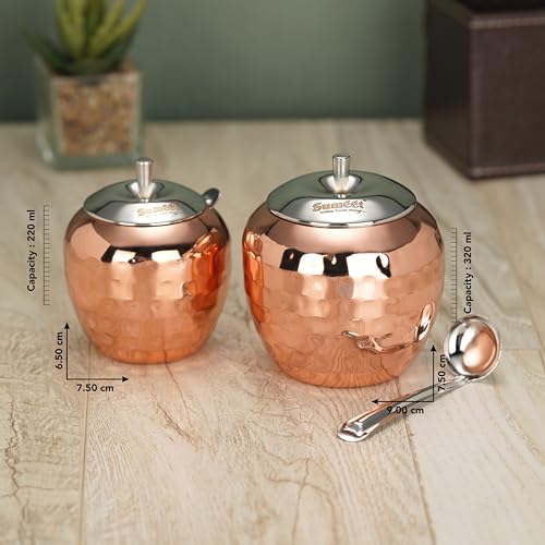 Sumeet Stainless Steel Copper Coated Handcrafted Hammered Ghee and Oil Pot, Storage Container with Spoon for Kitchen and Pooja, 7.5cm & 9cm Dia, 220ml & 320ML - Silver (Pack of 2)
