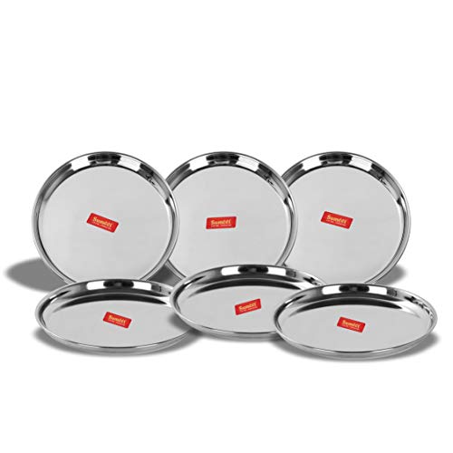 Sumeet Stainless Steel Heavy Gauge Dinner Plates with Mirror Finish 17cm Dia - Set of 6pc