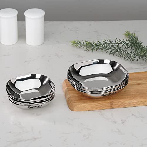 Sumeet Stainless Steel Small Apple Square Shape Plate/Dessert Plate/Halwa Plate Combo Set of 12pcs, 9cm & 10.5cm Dia, 120ML & 170ML (Each 6pcs) - Silver