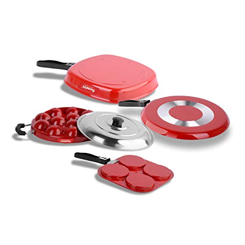 Sumeet 2.6mm Thick Non-Stick Esperanto Cookware Set (Dosa Tawa – 26.5cm Dia + Mini Multi Snack Maker – 19.5cm Dia + Grill Appam Patra with Lid – 23cm Dia + Grill Pan – 1.1Ltr Capacity – 22cm Dia)