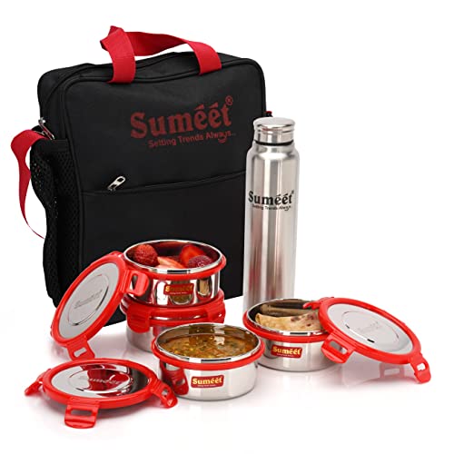 Sumeet Insulated Lunch Bag with 4 Stainless Steel Containers - 400ML Each, 1 Water Bottle 550Ml, Set of 6.