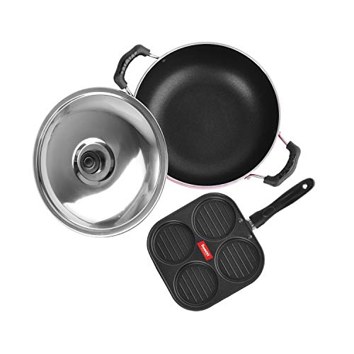 Sumeet 2.6mm Thick Non-Stick Apple Cookware Set (Mini Multi Snack Maker – 19.5cm Dia + Kadhai with Lid – 1.5Ltr Capacity-