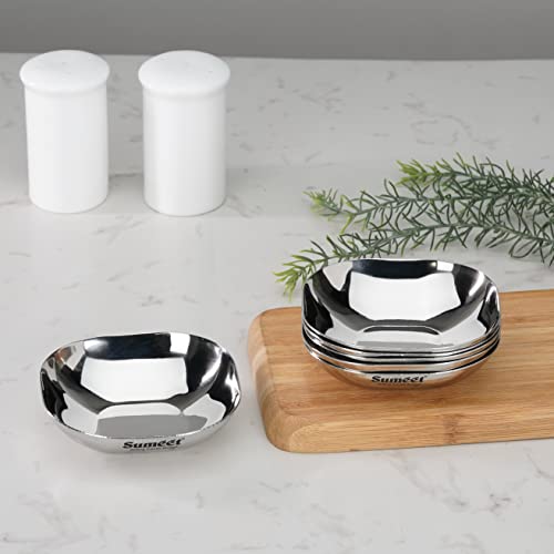 Sumeet Stainless Steel Small Apple Square Shape Plate/Dessert Plate/Halwa Plate Set of 6pcs, 9cm Dia, 120ML Each - Silver
