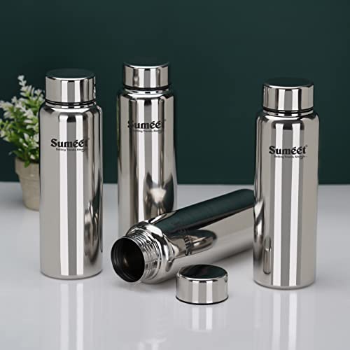 Sumeet Stainless Steel Jointless Akhand Leak-Proof Water Bottle / Fridge Bottle - 800ML Pack of 4, Silver