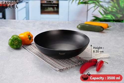 Sumeet Super Smooth Pre Seasoned Carbon Steel (Iron) Deep Tasra for Cooking and Deep Frying|Naturally Nonstick |29.6cm | 3500ml, Gas & Induction-Friendly, Black