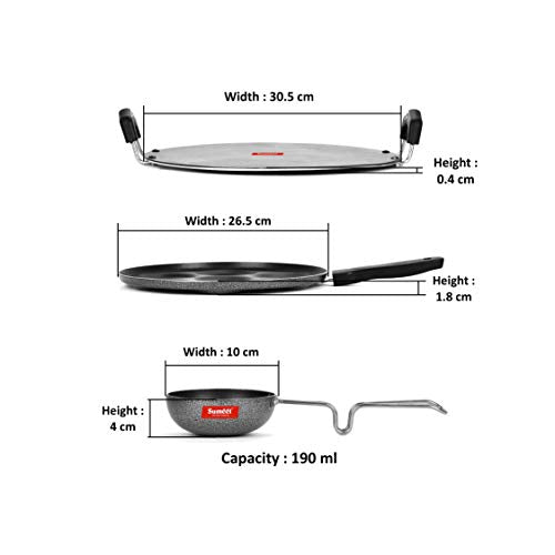 Sumeet NonStick Szary Cookware Set (Tawa-30.5cm Dia + Multi Snack Maker - 7 Cavity - 26.5Cm Dia + Waghariya/Tadka pan - 190Ml - 10Cm Dia)