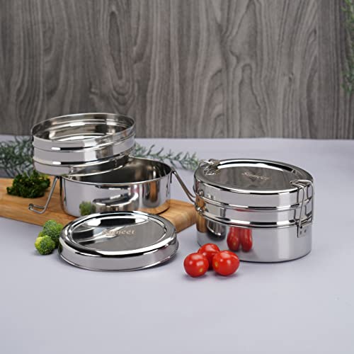 Sumeet Stainless Steel Oval Lunch Box/Tiffin with 2 Compartments and Locking Clip, Set of 2 Pcs, 800ML & 850ML Each, Ideal for 4 Person - Silver