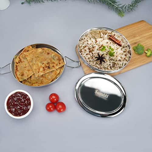 Sumeet Stainless Steel Oval Lunch Box/Tiffin with 2 Compartments and Locking Clip, 850ML, Ideal for 2 Person - Silver
