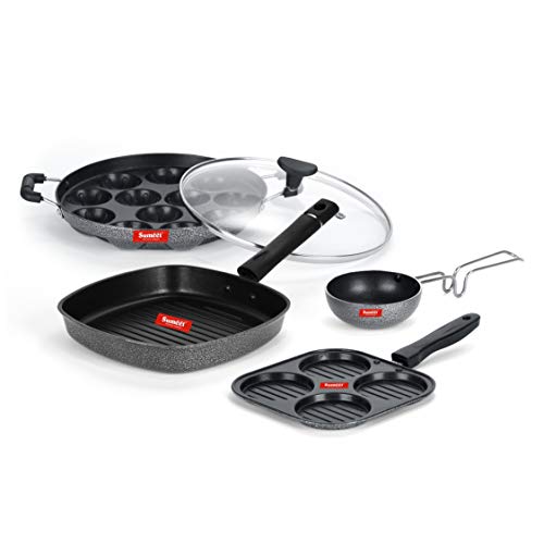 Sumeet NonStick Must Cookware Set (Mini Multi Snack Maker - 4 Cavity -19.5cm + Grill Appam Patra with Glass Lid - 12 Cavity - 22cm Dia + Grill Pan-22cm Dia + Waghariya/Tadka pan - 190Ml - 10Cm Dia)
