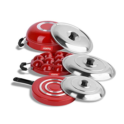 Sumeet 2.6mm Thick Non-Stick Kura Combo Set (Kadhai with Lid – 1.5Ltr Capacity- 20cm Dia + Grill Appam Patra with Lid – 23cm Dia + Pizza Pan – 23cm Dia)