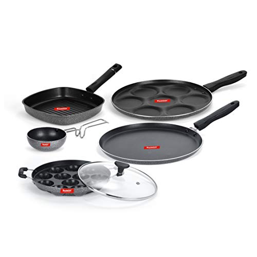 Sumeet NonStick Negru Cookware Set(Dosa Tawa-26.5Cm Dia+Multi Snack Maker-7 Cavity-26.5Cm Dia+Grill Appam Patra with Glass Lid-12 Cavity-22cm Dia+Grill Pan-22cm Dia+Tadka pan-190Ml-10Cm Dia)