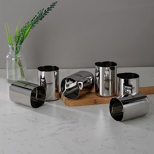 Sumeet Stainless Steel Mirror Finish Square Shape Heavy Gauge Glass Set of 6 Pcs - 6.5cm Dia - (350ml Each)