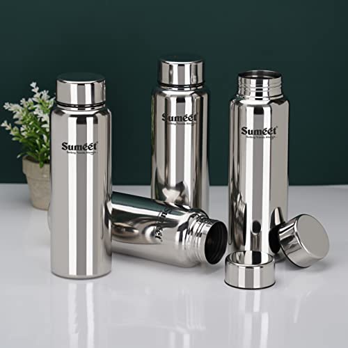 Sumeet Stainless Steel Jointless Akhand Leak-Proof Water Bottle / Fridge Bottle - 800ML Pack of 4, Silver