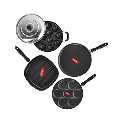 Sumeet 2.6mm Thick NonStick Sorrell Cookware Set (Dosa Tawa – 26.5cm Dia + Multi Snack Maker – 26.5cm Dia + Grill Appam Patra with Lid – 23cm Dia + Grill Pan – 1.1Ltr Capacity – 22cm Dia)