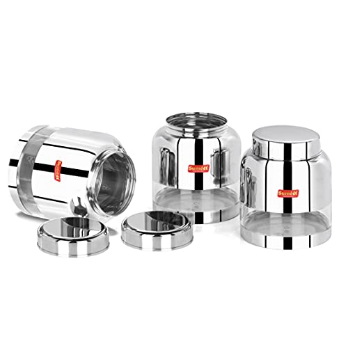 Sumeet Stainless Steel Circular See Through / Transparent Storage Container, Set of 3Pc, 1 Ltr each, 11.4 cm Dia, Silver