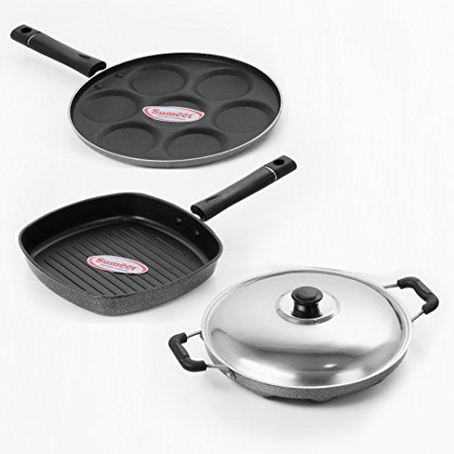 Sumeet Nonstick Essential Combo Set (Multi Snack Maker - 7 Pcs + Grill Pan - 22cm + Grill Appam Patra - 12 Pcs)