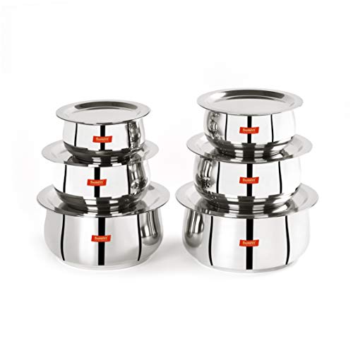Sumeet Stainless Steel Belly Shape 6 Pc Tope / Cookware/ Pot Set with Lid 380ML, 500ML, 780ML, 1.1Ltr, 1.4Ltr, 1.75Ltr (Silver)