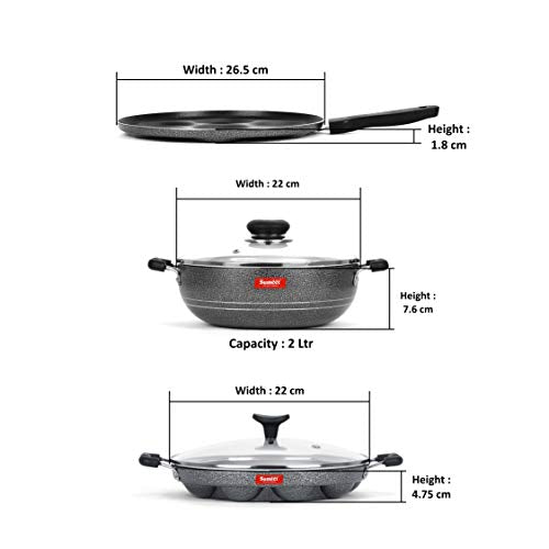 Sumeet NonStick Liath Cookware Set (Multi Snack Maker - 7 Cavity - 26.5Cm Dia + Kadhai with Glass Lid -2Ltr - 22Cm Dia + Grill Appam Patra with Glass Lid - 12 Cavity - 22cm Dia)