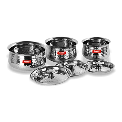 Sumeet Stainless Steel Handcrafted Hammered Texture 3 pc Induction & Gas Stove Friendly Cook and Serve Handi Set Set with Lids (Capacity -1 LTR, 1.2 LTR,1.7 LTR)
