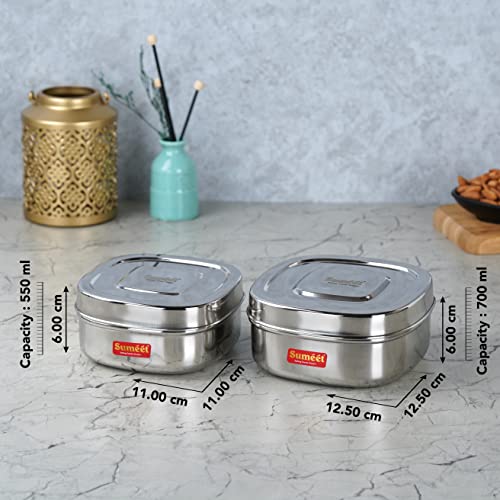 Sumeet Stainless Steel Square Storage containers Box/Dabba for Kitchen, Set of 2Pcs,550ml & 700ml, 11cm & 12.5cm Dia, Silver