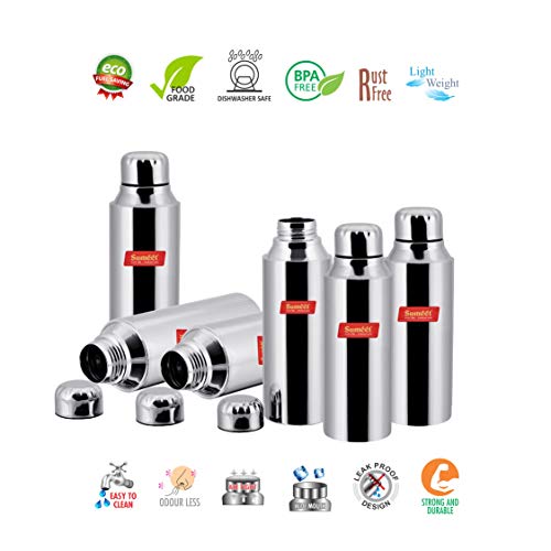 Sumeet Stainless Steel Airtight and Leak Proof Fridge Water Bottle 750Ml, Set of 6pc