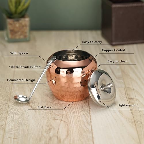 Sumeet Stainless Steel Copper Coated Handcrafted Hammered Ghee and Oil Pot, Storage Container with Spoon for Kitchen and Pooja, 7.5cm & 9cm Dia, 220ml & 320ML - Silver (Pack of 2)