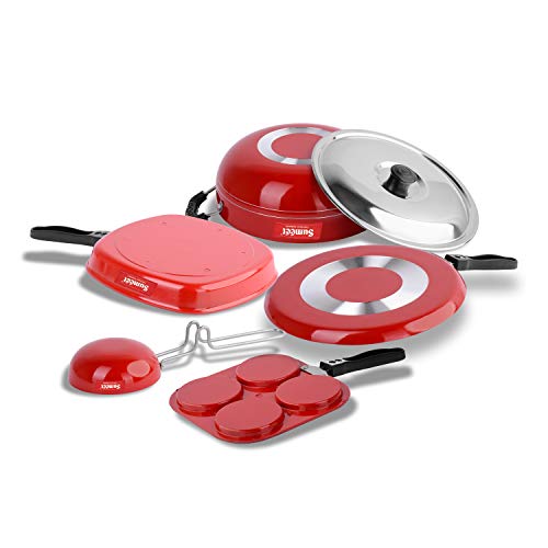 Sumeet 2.6mm Thick Non-Stick Redish Cookware Set (Dosa Tawa – 26.5cm Dia + Multi Snack Maker – 26.5cm Dia + Grill Pan – 1.1Ltr Capacity – 22cm Dia + Kadhai with Lid – 1.5Ltr + Tadka Pan – 10cm Dia)