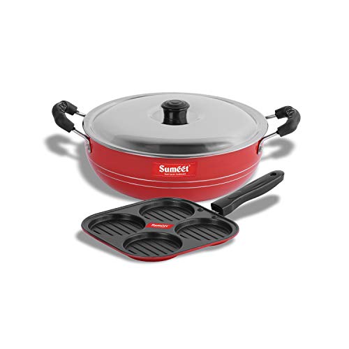 Sumeet 2.6mm Thick Non-Stick Apple Cookware Set (Mini Multi Snack Maker – 19.5cm Dia + Kadhai with Lid – 1.5Ltr Capacity-