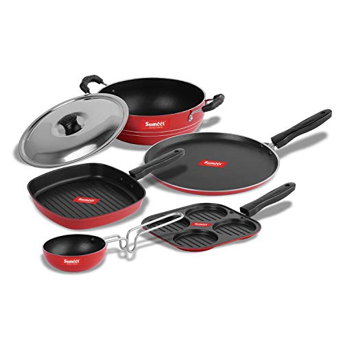 Sumeet 2.6mm Thick Non-Stick Redish Cookware Set (Dosa Tawa – 26.5cm Dia + Multi Snack Maker – 26.5cm Dia + Grill Pan – 1.1Ltr Capacity – 22cm Dia + Kadhai with Lid – 1.5Ltr + Tadka Pan – 10cm Dia)