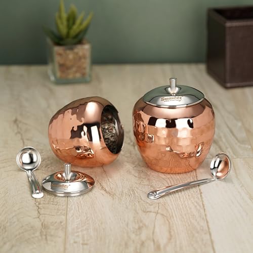 Sumeet Stainless Steel Copper Coated Handcrafted Hammered Ghee and Oil Pot, Storage Container with Spoon for Kitchen and Pooja, 7.5cm & 9cm Dia, 220ml & 320ML - Silver (Pack of 2)