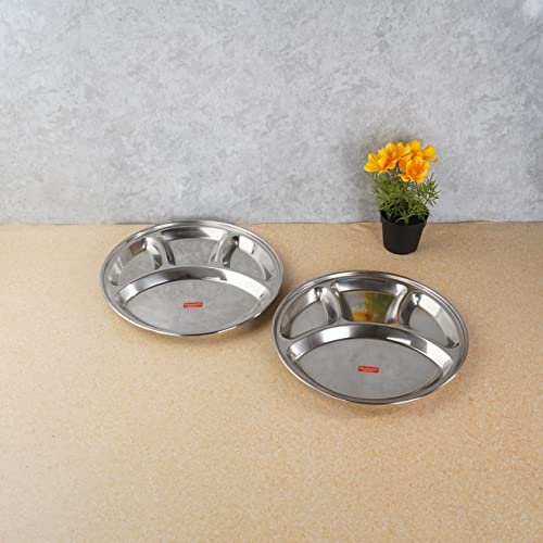 Sumeet Stainless Steel Round 4 in 1 Compartment Lunch / Dinner Plate Set of 2Pcs, 30.3cm Dia, Silver