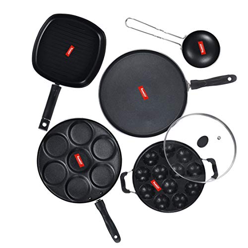 Sumeet NonStick Negru Cookware Set(Dosa Tawa-26.5Cm Dia+Multi Snack Maker-7 Cavity-26.5Cm Dia+Grill Appam Patra with Glass Lid-12 Cavity-22cm Dia+Grill Pan-22cm Dia+Tadka pan-190Ml-10Cm Dia)