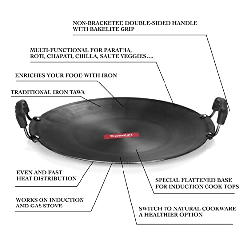 Sumeet Pre Seasoned Iron Concave Roti / Paratha Tawa 2.5mm Thick (Double Side Handle) 27.6cm