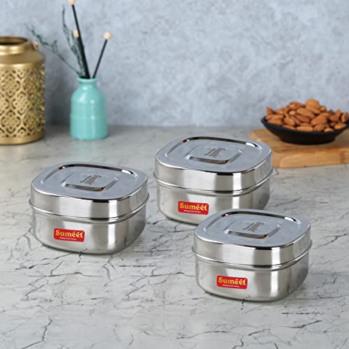 Sumeet Stainless Steel Square Storage containers Box/Dabba for Kitchen, Set of 3Pcs, 550ml, 11cm Dia, Silver
