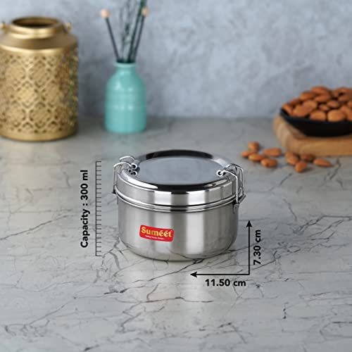 Sumeet Stainless Steel Meal Pack Lunch Box / Tiffin with Steel Separator Plate and Locking Clip, 300ML, 11.5cm Dia, Silver