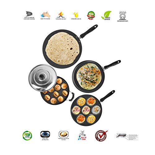 Sumeet 2.6mm Thick Non-Stick Rod Cookware Set (Dosa Tawa – 26.5cm Dia + Multi Snack Maker – 26.5cm Dia + Grill Appam Patra with Lid – 23cm Dia + Concave Tawa – 28cm Dia)