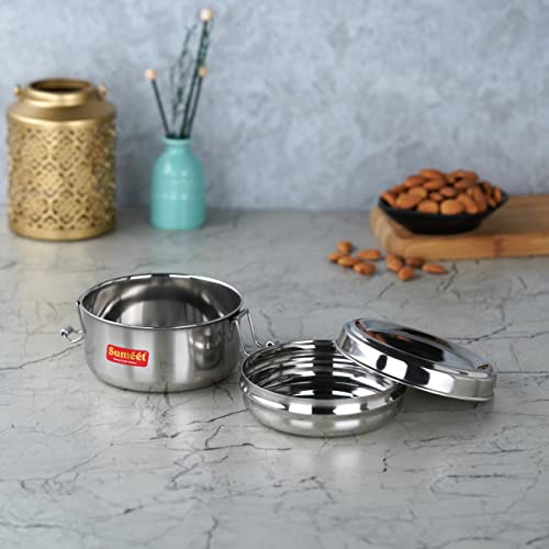 Sumeet Stainless Steel Meal Pack Lunch Box / Tiffin with Steel Separator Plate and Locking Clip, 300ML, 11.5cm Dia, Silver