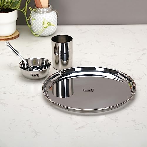 Sumeet Stainless Steel Heavy Gauge Mirror Finish Dinner Set of 4 Pcs (1 Plate, 1 Bowl/Wati, 1 Glass, 1 Spoon), Silver