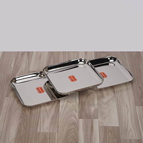 Sumeet Stainless Steel Medium Square Shape Plate/Snacks Plate/Breakfast Plate Set of 3pcs, 17.5cm Dia, Silver
