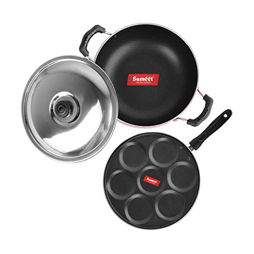 Sumeet 2.6mm Thick Non-Stick Rasberry Cookware Set (Multi Snack Maker – 26.5cm Dia + Kadhai with Lid – 1.5Ltr Capacity- 20cm Dia)