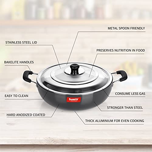 Sumeet 3mm Hard Anodized Deep kadai with Stainless Steel Lid Big Size No. - 15 (28.5cm Dia. 4.5 LTR Capacity)