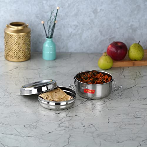 Sumeet Stainless Steel Meal Pack Lunch Box / Tiffin with Steel Separator Plate and Locking Clip, 300ML, 11.5cm Dia, Silver
