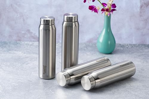 Sumeet Spark-Aqua Stainless Steel Leak Proof Water Bottle Office/School/College/Gym/Picnic/Home/Fridge - 900ml |Pack of 4| Silver