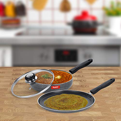 Sumeet NonStick Argjend Cookware Set (Dosa Tawa - 26.5Cm Dia + Frypan with Glass Lid - 1.5Ltr - 22Cm Dia) Silver