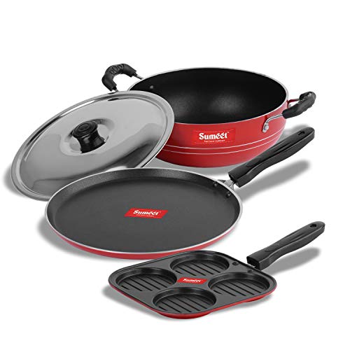 Sumeet 2.6mm Thick Non-Stick Red Blush Combo Set (Dosa Tawa – 26.5cm Dia + Multi Snack Maker – 26.5cm Dia + Kadhai with Lid – 1.5Ltr Capacity- 20cm Dia)